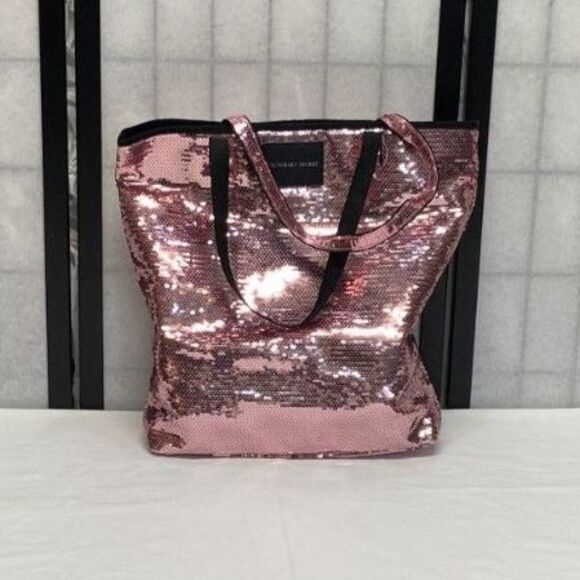 Victoria's Secret All Over Sequin Large Double Handle Open Top Bag Tote Pink - Picture 3 of 9